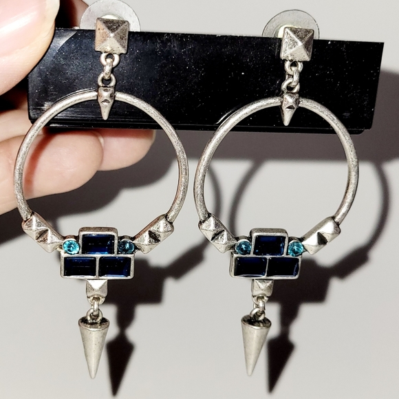 New Earrings, Blue Jewel Silver-tone Open Hoop Dangle Spike, NWOT - Picture 2 of 4